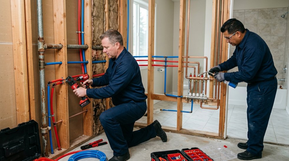 Plumbers installing new water supply pipes in exposed wall framing during home re-piping renovation