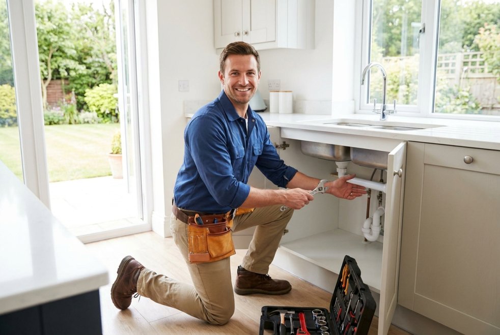 Plumber kneeling under kitchen sink with wrench during home plumbing repair